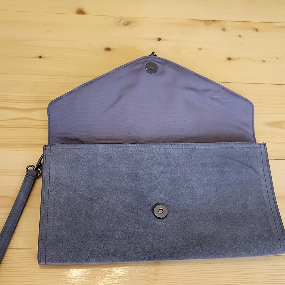 White House Black Market Gray Suede Clutch Wristlet Bag Tassels Envelope - Picture 6 of 13